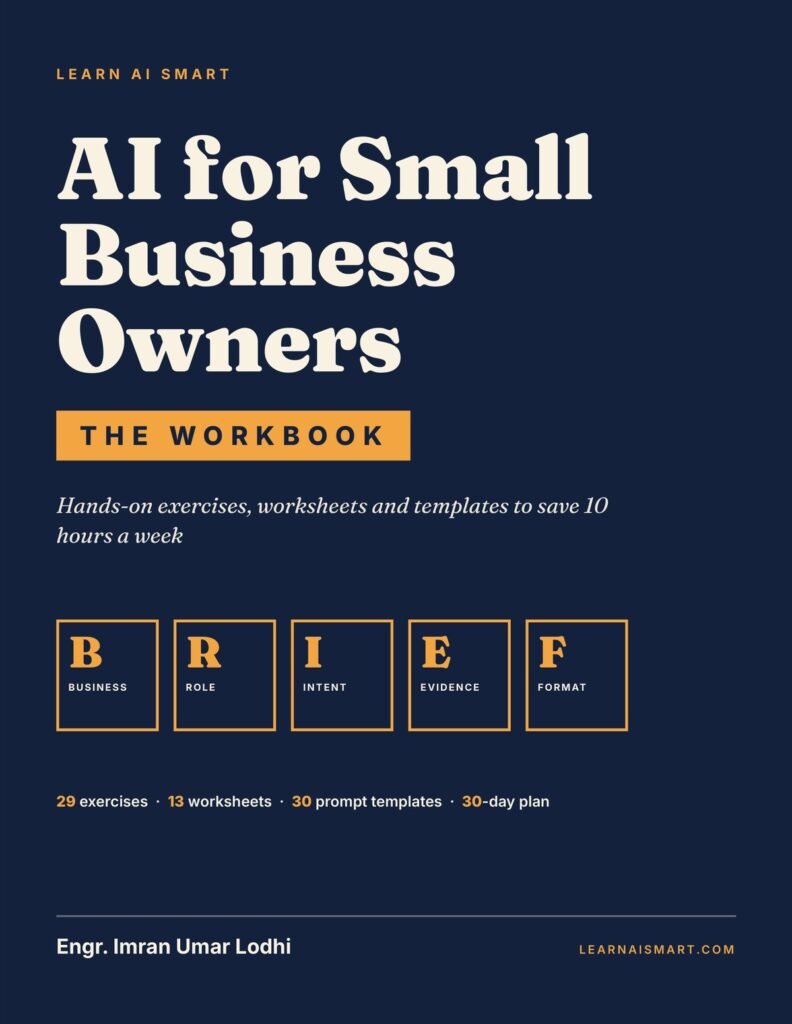 Cover of AI for Small Business Owners: The Workbook, hands-on exercises, worksheets and templates, by Engr. Imran Umar Lodhi