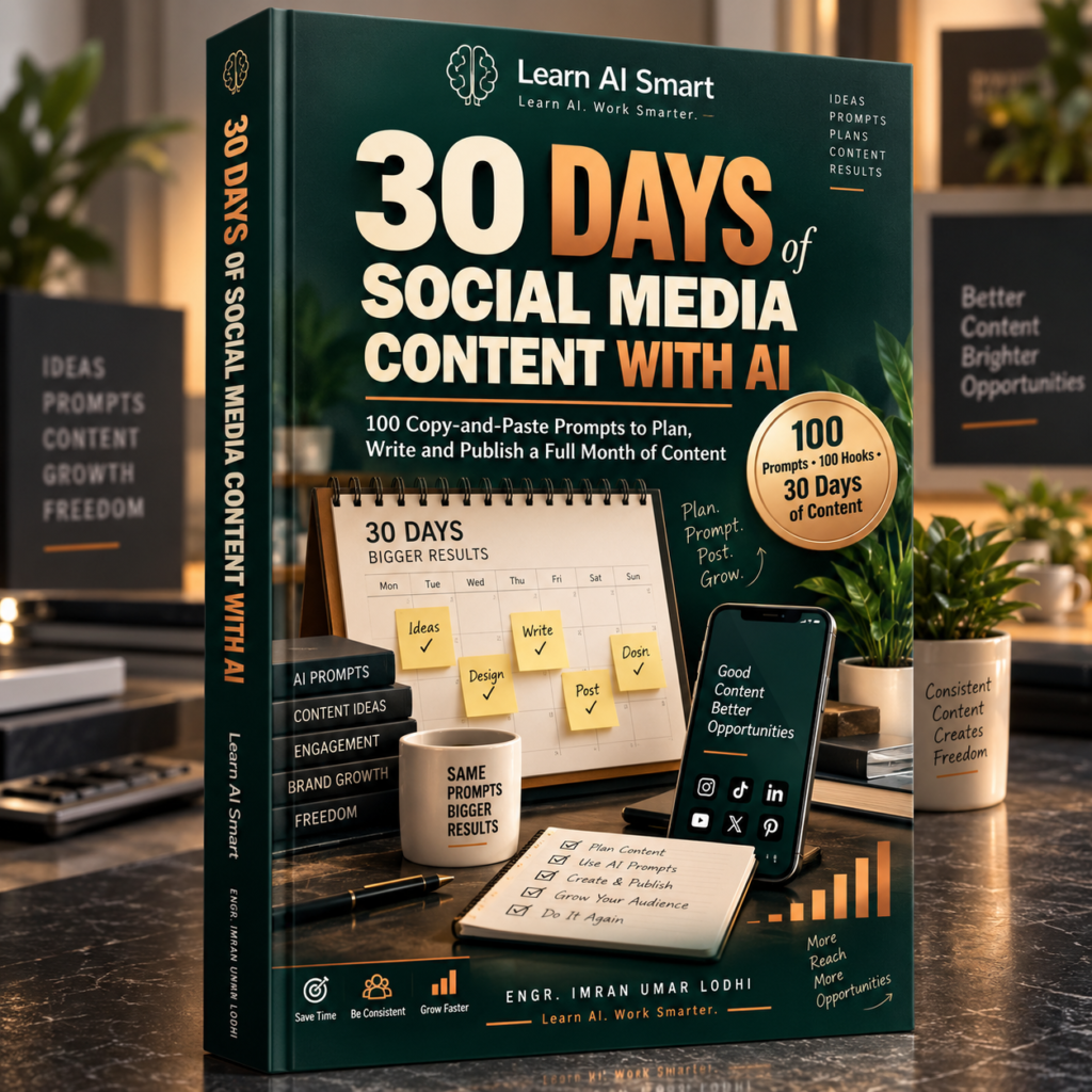30 Days of Social Media Content With AI book on a desk with a content calendar and phone