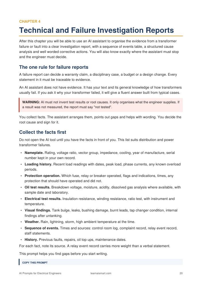 AI Prompts for Electrical Engineers, Failure investigation reports, page 20